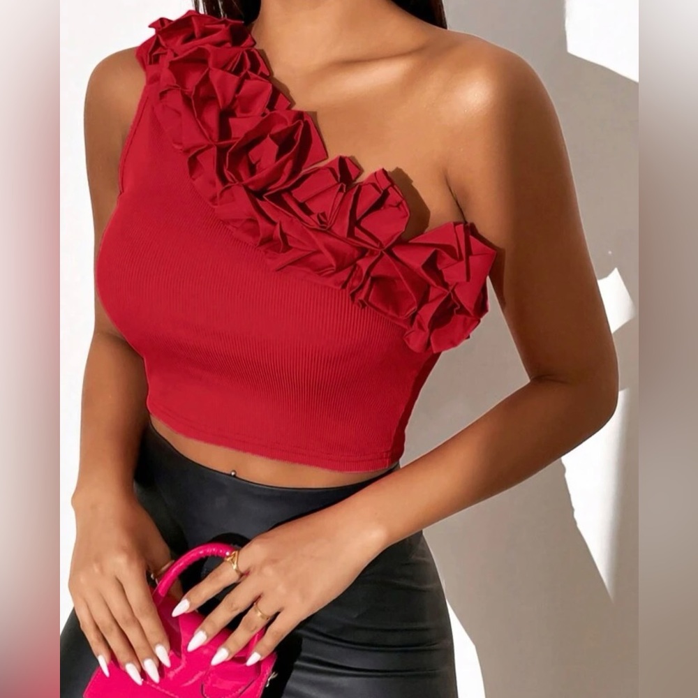 One Shoulder Ruffle Trim Crop Top NWT